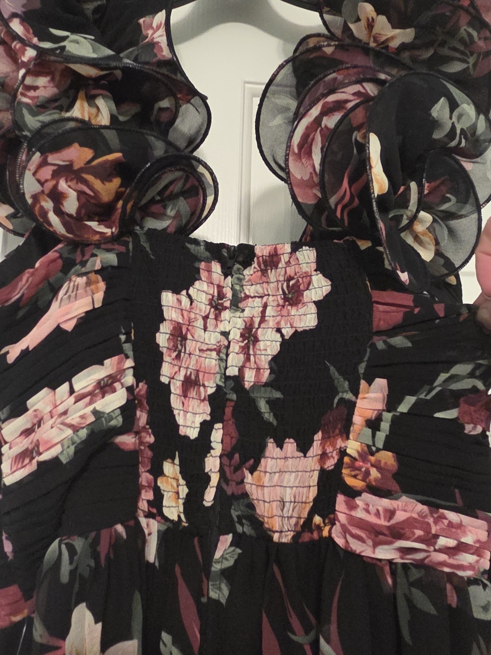 Macy's Black Floral Maxi Dress with Puff Sleeves and Self Tie - Picture 11 of 11